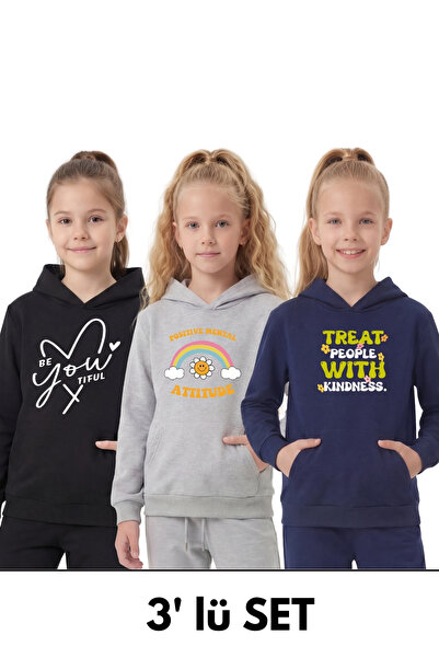 FYK KİDS Детска суитшърт с качулка, джобове тип кенгуру и смесени принтове