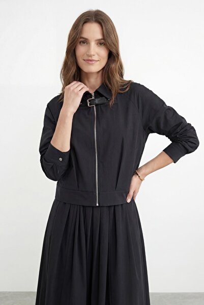 Soul Women's Collar Buckle Detailed Zippered Jacket - 32452Ckt - Black