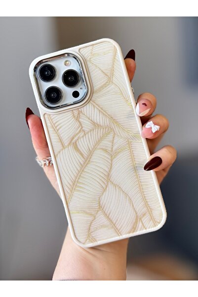 MİRAZ TASARIM iPhone 15 Pro Cream Color Leaf Pattern Case