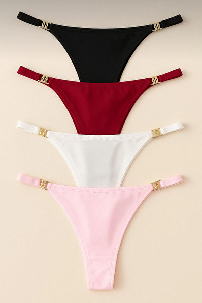 EZRA Kadın String Külot 4 Lü Paket Gold Aksesuarlı String Külot