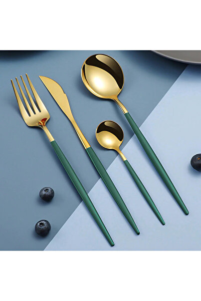 Vivendo 24-Piece Cutlery Set - Stainless Steel, Emerald Green with Gold Finis...