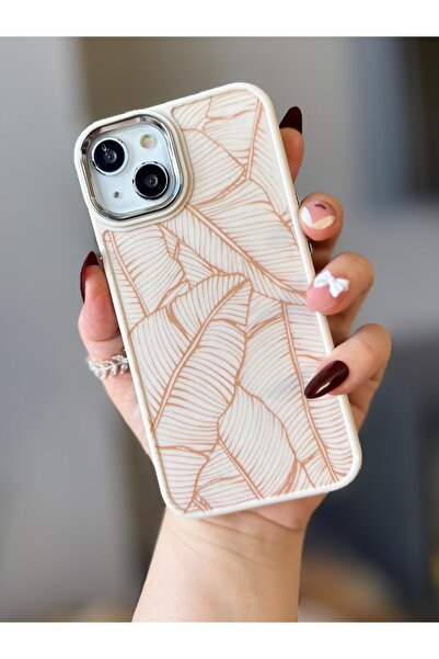 MİRAZ TASARIM iPhone 14 Plus Cream Color Leaf Pattern Case