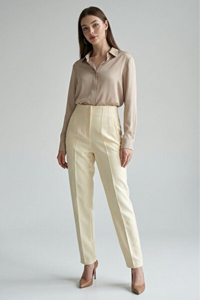 Madmext Yellow High Waist Women's Trousers with Ribbed Front Mg2425