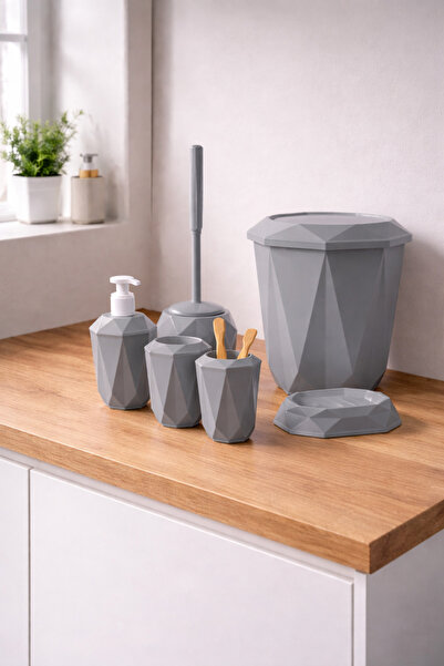 Padilon Geometric Patterned 5-Piece Bathroom Set Trash Can Toilet Brush Liqui...