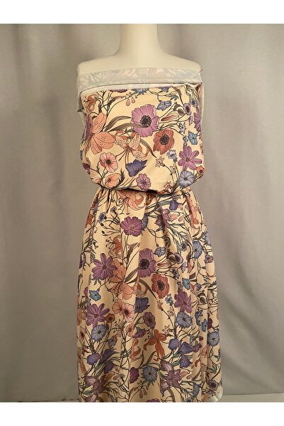 Tasarım ve Marka Kumaşlar Bej Zemin Lila Mor Çiçek Desenli Metrelik Kumaş