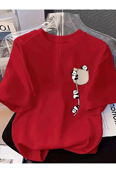 Oksit Cute Panda Graphic Drawstring Pocket Detailed Short Sleeve Oversize Uni...