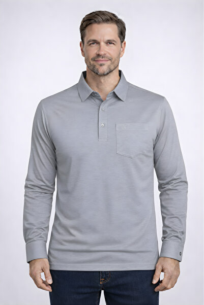 YAKAMEL Men's Shirt Collar Long-Sleeved Shoulder Pad Sleeve Cuffed T-Shirt