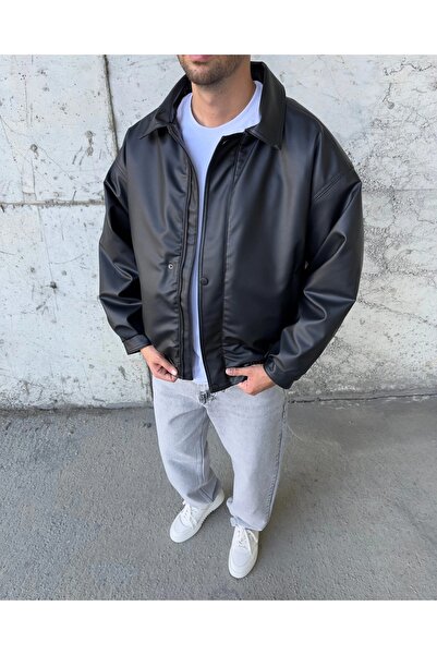DIFRANSEL JEANS Men's Black Button Detail Bomber Leather Jacket