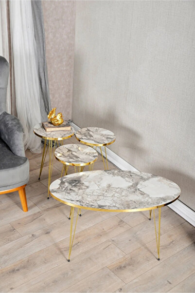 MOONCAPELLA Zigon Sehpa Ve Orta Sehpa Set Gold Metal Ayaklı Sehpa