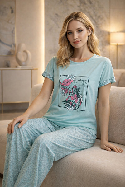 rindahomewear Women's Low-Sleeve Floral Printed Single Jersey Pajama Set