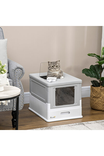 PawHut Litiera Pisici Inchisa cu Tava Detasabila 2 Usi 47.5x35.5x36.7 cm Alb Gri