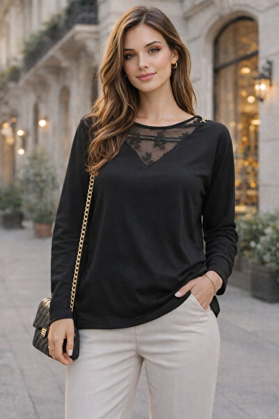 ŞIK VE MUTLU Lace Round Neck Viscose Two Thread Women's Blouse