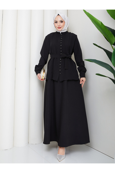 EFSUN MODA Women's British-Style Buttoned Belted Skirt Two-Piece Suit Tesettür