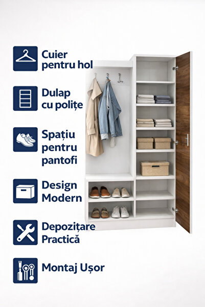 Ofisbazaar Cuier pentru hol cu dulap și rafturi pentru pantofi – Alb cu ușă decor lemn 35x90x180 cm