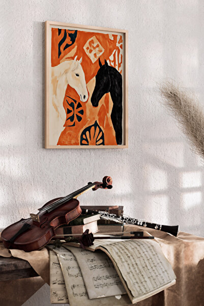 Artiera Πορτοκαλί με Μαύρο Εικόνασμα Λαϊκής Τέχνης με Άλογα, Διακοσμητικό Σαλ...