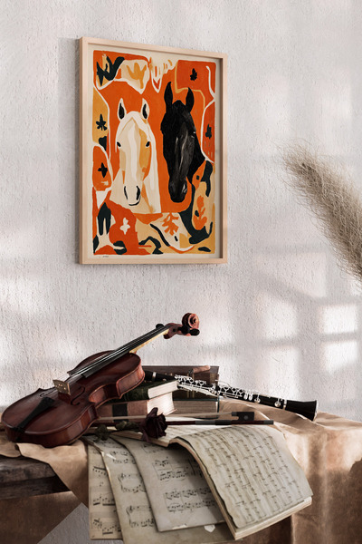Artiera Πορτοκαλί Μαύρος Μοντέρνος Πίνακας Αλόγων, Διακοσμητικός Πίνακας Σαλο...
