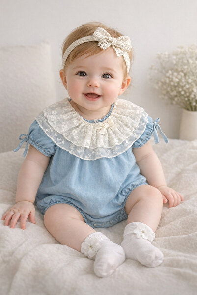 limebabies Baby Girl Lace Collared Denim Salopet Jumpsuit and Undershirt 4-Pi...