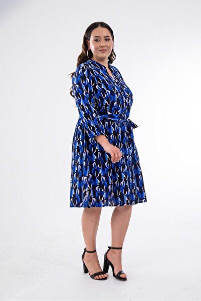 Roxxlen Γυναικείο φόρεμα μεγάλου μεγέθους με λεπτομέρεια κουμπιών σε μπλε χρώμα