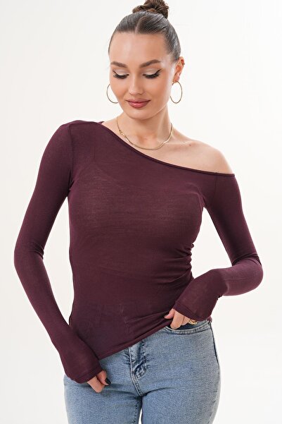 ŞİMAL Women's Gathered Detailed Boat Neck Transparent Blouse 260275 -