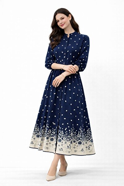 Sfg Life Moda Women's Full Button Front Crew Neck Floral Dress Valor