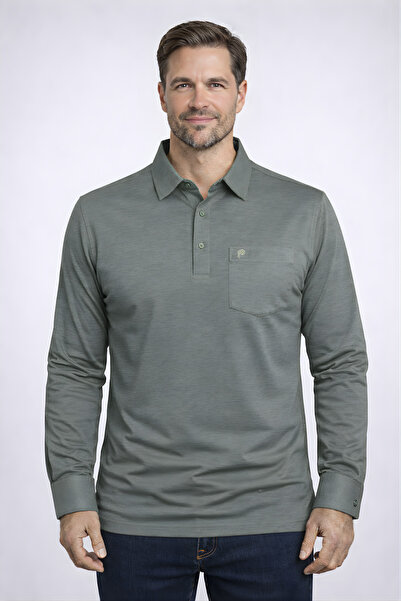 YAKAMEL Men's Shirt Collar Long-Sleeved Shoulder Pad Sleeve Cuffed T-Shirt