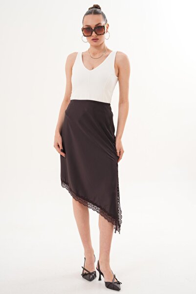ŞİMAL Women's Lace Detailed Slit Satin Skirt 260307 -