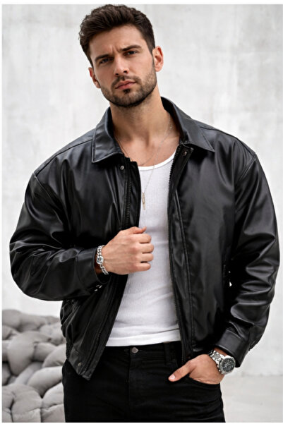Rowsmen Vintage Erkek Oversize Siyah YENİ SEZON Deri Ceket
