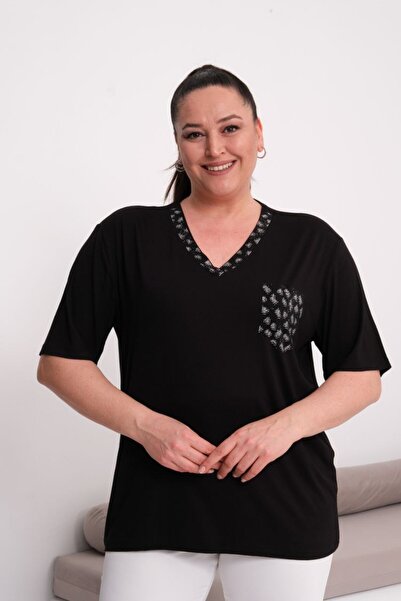 Esina Women's V-Neck Viscose Blouse with Embroidered Collar and Pocket