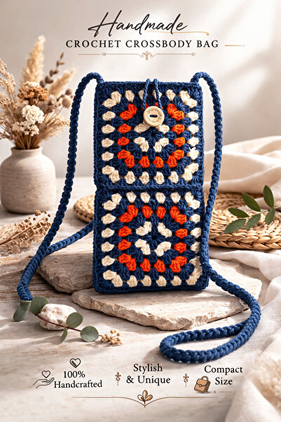 Hobi Kafe Orange and White Hand Knitted Motif Phone Bag