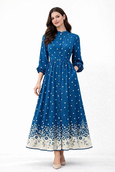 Sfg Life Moda Women's Full Button Front Crew Neck Floral Dress Valor