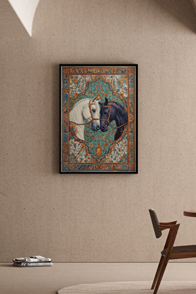 Artiera Turkuaz İznik Motifli At Resmi, Etnik Dekoratif Salon - Ahşap Çerçeve...