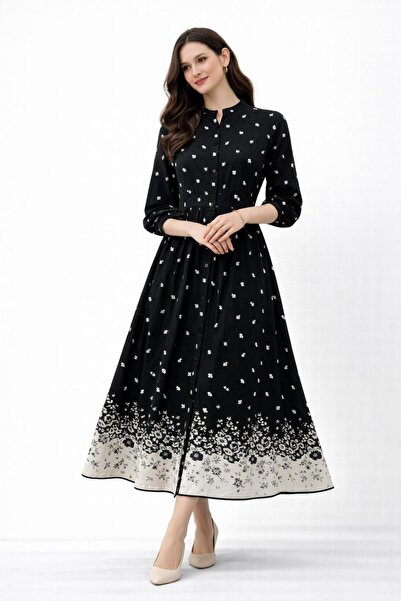 Sfg Life Moda Women's Full Button Front Crew Neck Floral Dress Valor