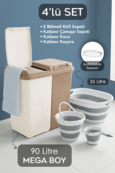Meleni Home 4'lü Katlanır Çamaşır Sepeti Seti - 90 Lt Kirli Çamaşır Sepeti La...