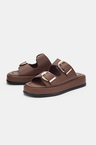 selin shoes Valinda Γυναικείες Παντόφλες με Διπλή Χρυσή Αγκράφα - ΚΑΦΕ