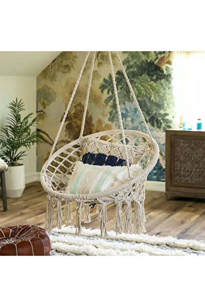 Vivendo Leagan Suspendat Vivendo, Crem, Cadru Metalic, Franghie Bumbac