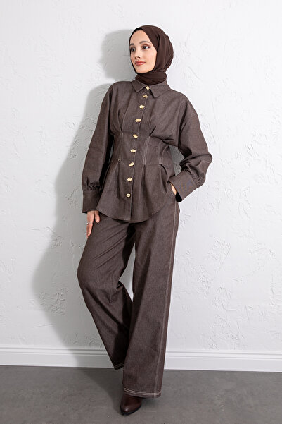 Salih Çelebi Pleated Waist Denim Suit Y0097 - Brown