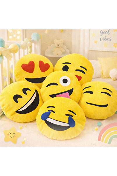 SefDen Lazer Kesim Atölyesi Emoji Yastık Dekoratif Peluş Gülen Yüz Kalpli Kom...