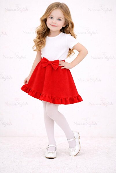 Nacar Kız Çocuk 23 Nisan 29 Ekim Fırfırlı Fiyonk Detaylı Beli Lastikli Kloş E...