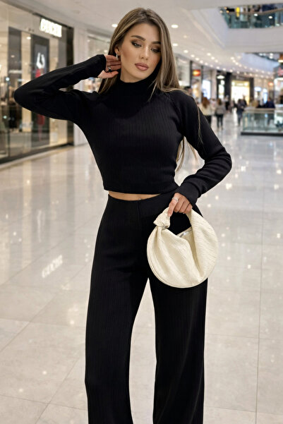Two Two Women's Black Knitwear Set Finger-Looped Crop Top High Waist Pants Tw...