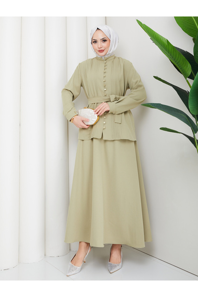 EFSUN MODA Women's British-Style Buttoned Belted Skirt Two-Piece Suit Tesettür