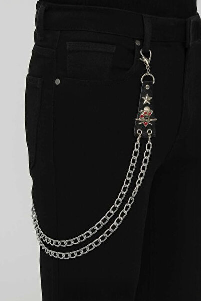 Köstebek Silver Star and Skull Detailed Double Chain Gothic Pant Chain