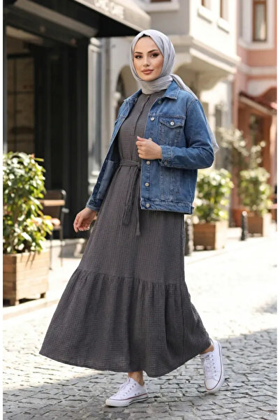 sefamerve Bürümcük Fabric Belted Hijab Dress 2236-04 Gray