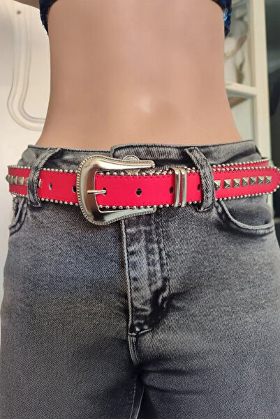 Köstebek Fuchsia Western Pyramid Detailed Leather Belt