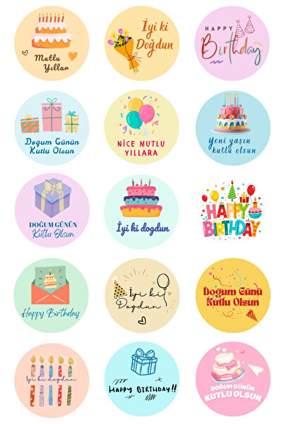 Bimotif Doğum Günü tebrik sticker seti, 4x4 cm, 300 adet (20 Sayfa)