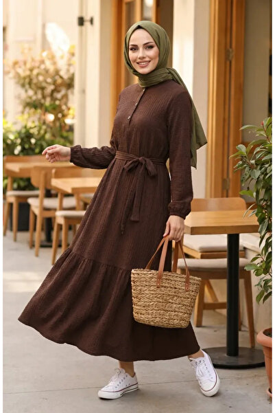sefamerve Bürümcük Fabric Belted Hijab Dress 2236-02 Brown