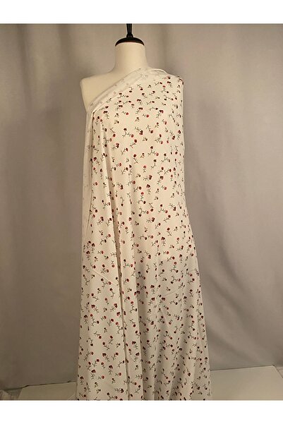 Tasarım ve Marka Kumaşlar Beyaz Zemin Kırmızı Çiçek Desenli Keten Efektli Met...