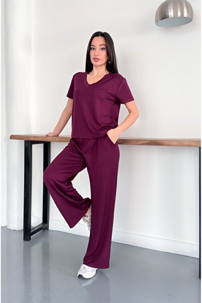 verabelle Striped Modal Fabric V-Neck Tracksuit Set