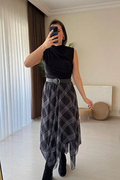 Kubos Moda Asymmetrical Cut Lined Black Chiffon Skirt