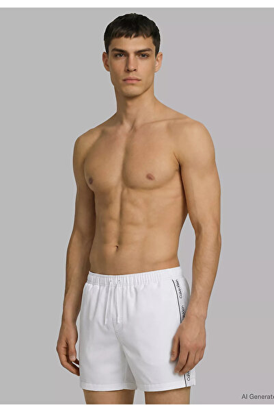 Calvin Klein Men's Regular Fit White Swim Shorts with Logo Stripes on the Sid...