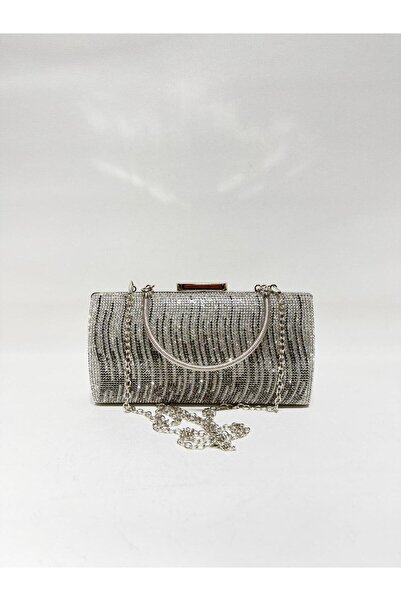 womenacs Silver Platinum Double Color Single Surface Stoned Evening Dress Clu...